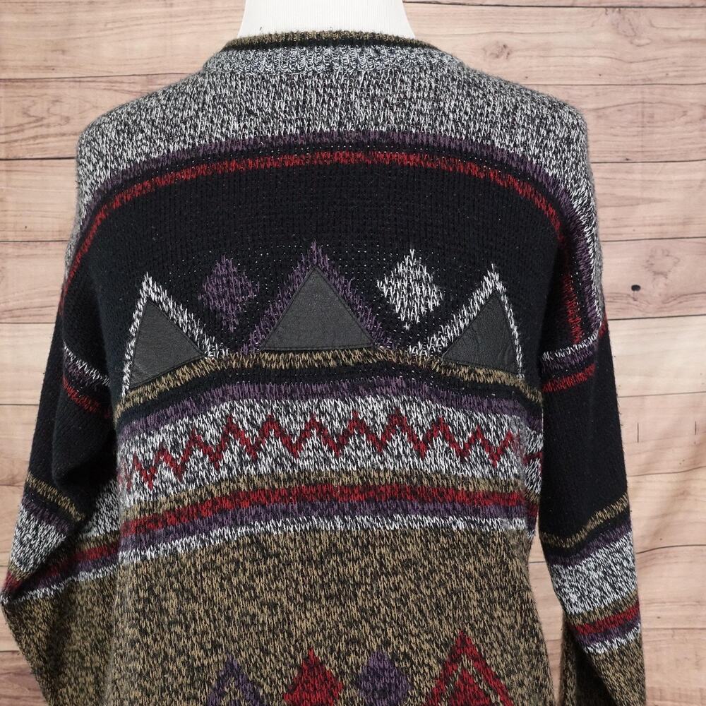 Vintage Impact Sweater Mens Large Black Gray Geometric Aztec‎ Leather Trim 90s